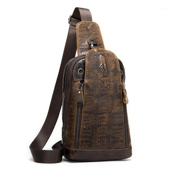 Marsupi Moda Uomo di alta qualità Borsa Vera pelle bovina Organizzatore Sport Tempo libero Coccodrillo Modello Petto Auricolare Foro Spalla1