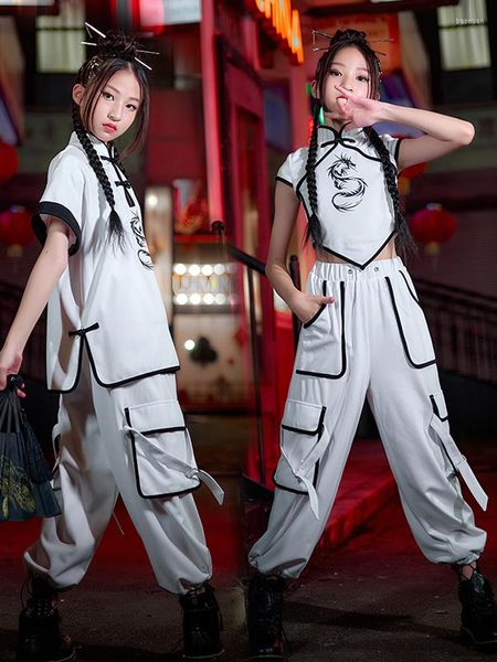Stage desgaste de estilo chinês Kids Jazz Dance Costume White Kpop Roupet Girls Catwalk Concert Performance Hip Hop Roupas DNV16664