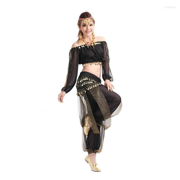 Desgaste do palco Profissional Women Belly Dancing Sets Waist Chaist Chain Pants Costume Wrap Ligins Belt Coin Chiffon Skiffon Lantern Sleeve