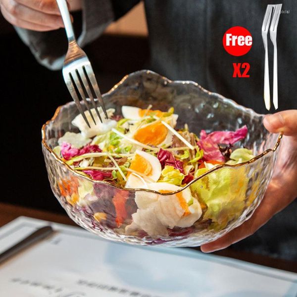Kaseler düzensiz altın kakma kenar buzdağı cam salata kase meyve pirinç servis saklama konteyner öğle yemeği bento kutusu karıştırma