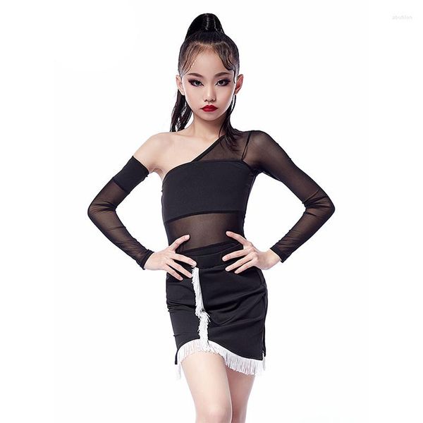 Bühnenkleidung Latin Dance Kostüm für Mädchen Mesh Stitching Single Sleeve Tops Quaste Rock ChaCha Kleid Tango Wettbewerb Kleidung YS3229