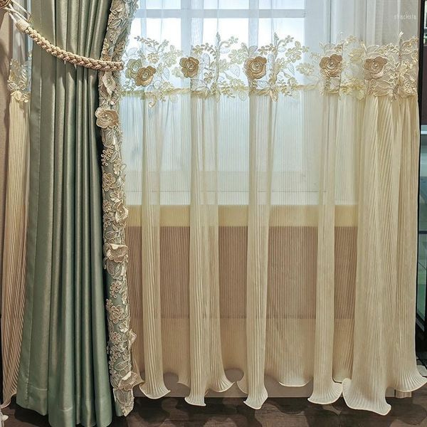 Tenda Francese Principessa Stile 3D Rilievo Fiore Gonna Tulle Imitazione Americana Raso Finestra Tende Per Soggiorno Camera Da Letto Personalizzato