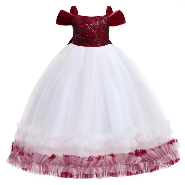 Mädchen Kleider Prinzessin Spitzenkleid für Blumen Kinder Brautjungfer Langes Kleid mit Schleife Rot Tüll Tutu Kleidung Abend Party Tragen