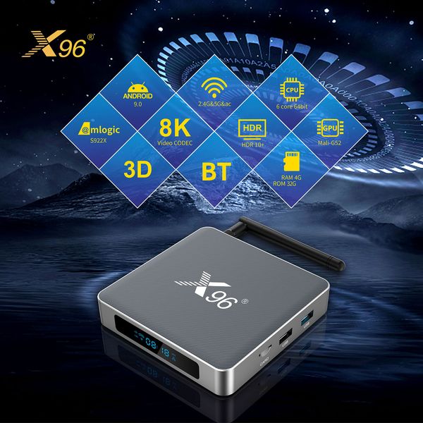 X96 x9 Android 9.0 Smart TV Box Amlogic S922X 4GB 32GB 2,4G/5G Dual Wi -Fi 1000M LAN 4K Media Player H.265 VP9 Декодировал верхняя коробка