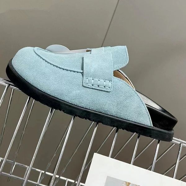 Pantofole in vera pelle Zoccoli con suola spessa Ciabatte piatte con plateau e punta tonda ricoperte Pantofole da esterno Scarpe da spiaggia casual Infradito da donna