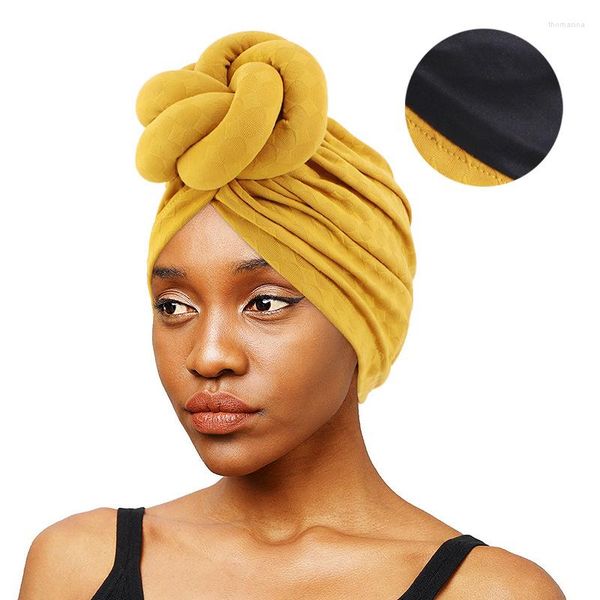 Ethnische Kleidung, Satin-Futter, geknotete Blume, afrikanische Turban-Kappe, Damen-Kopfwickel, vorgebundene Motorhaube, weibliche Auto-Geles-Party-Kopfbedeckung, Oberteil