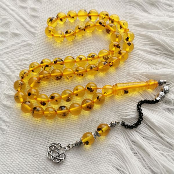 Bracelets de charme Tasbih Rosário incrível Artificial Amber Inseto Bedas Real Ants dentro de 10mm 51 Sibha redonda contas à mão feita de oração 230310