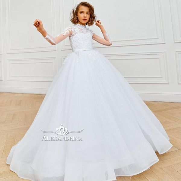 Mädchen Kleider Weiße Prinzessin Blumenmädchen Für Hochzeit Kinder Ballkleid Langarm Spitze Party Festzug Geburtstag Brautjungfer Kleid