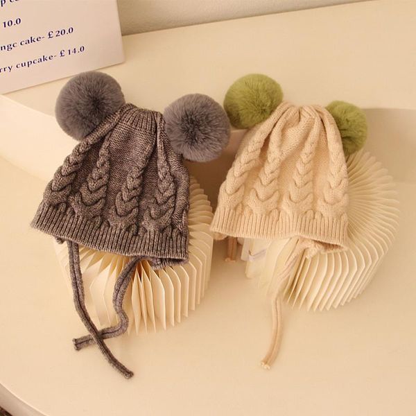 Hüte Caps Herbst Winter Baby Hut Doppel Pompom Gestrickte Kinder Kleinkind Beanie Kappe Einfarbig Häkeln Warme Kinder Mädchen Junge motorhaube