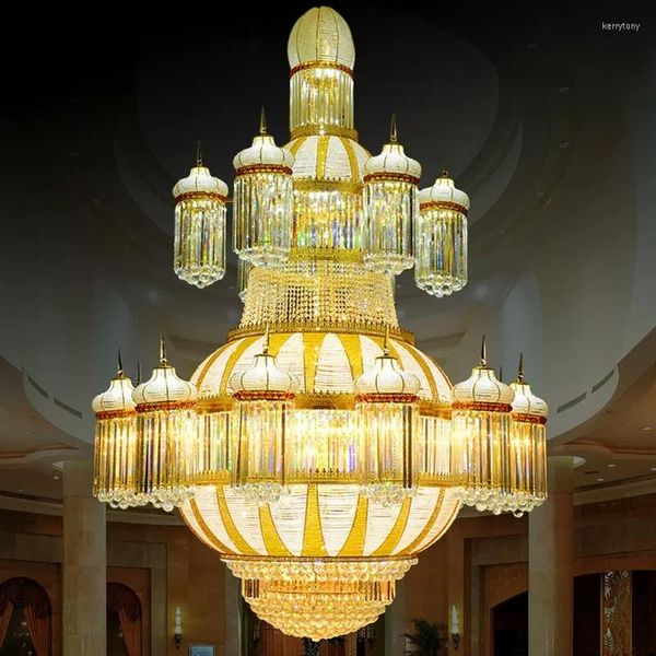 Kronleuchter, großer goldener Kristall-Kronleuchter, europäische LED-Leuchten, große Projekt-Hängelampe, El Villa, Lobby, Salon, Droplight