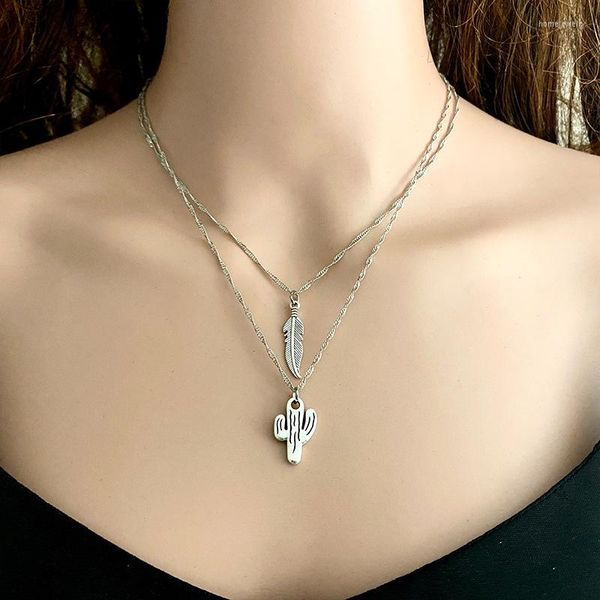 Kolye Kolyeleri Batı Moda Basit Tasarım Antik Tüy Caktus Çapraz Akıllı Kolye Çok Katmanlı Klavikula Zinciri Lady Jewelry