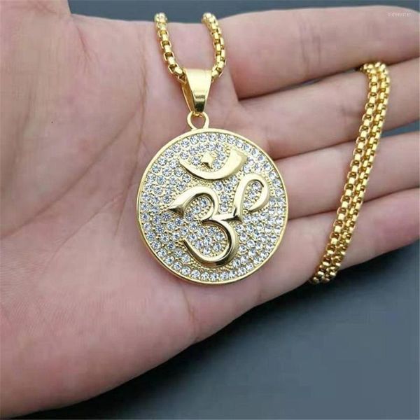 Collane con ciondolo Collana yoga rotonda ghiacciata Hip Hop Acciaio inossidabile OHM Buddista indù AUM OM Gioielli India color oro