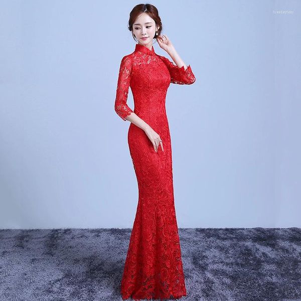 Etnik Giyim Kırmızı Dantel Kuyruklu Modern Qipao Long Cheongsam Çin Geleneksel Elbise Vintage Hollow Düğün Qi Pao Vestido Oriental