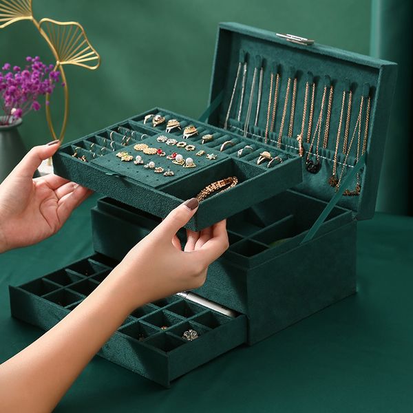 Schmuckschatullen WE 3-lagiger Schmuck-Organizer mit grünen Ohrsteckern, großer Ring, Halskette, Make-up-Halter, Samt-Schmuckkästchen mit Schloss für Frauen 230310