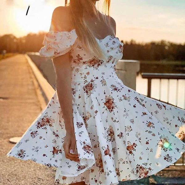 Freizeitkleider Blumendruck Weißes Kleid Damen Kurzes Puffärmel-Reißverschluss-Mini-Sonnenkleid Eleganter Sommer-Low-Cut-Kragen Offener Rücken Blumen-Kurzrock G230311