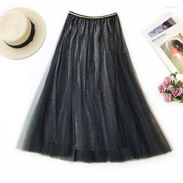 Röcke Nette Bling Glänzende Frauen Plissee Tüll Rock Midi Frühling Sommer Elastische Hohe Taille Tutu Jupe Femme Schwarz Brautjungfer Kleid