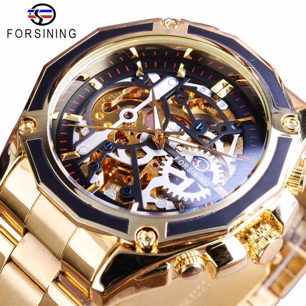 Forsining Steampunk Getriebe Design Transparentes Gehäuse Automatikuhr Gold Edelstahl Skeleton Luxus Herrenuhr Top Marke Luxury215R