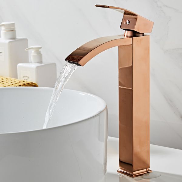 Badezimmer-Waschtischarmaturen, Waschbecken-Wasserhahn, Messing-Badezimmer-Wasserhahn, Einhebelmischer, Torneiras para pia de banheiro, Roségold-Waschbecken, Waschwasserhahn, Wasserfall-Wasserhahn 230311