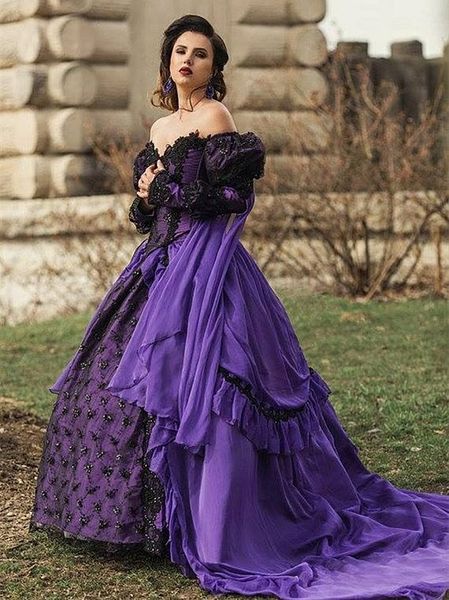 Mittelalterliche Gothic-Lila-Abschlussballkleider, schulterfrei, lange Ärmel, Ballkleid, Prinzessin-Abendkleider, schwarze Spitze, Applikation, Falten, gerüscht, Damen-Maskerade-Kleid