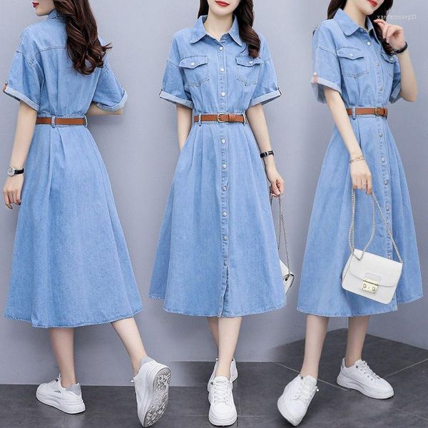 Partykleider Kurzarm Kleid 2023 Koreanisch Großgröße Frauen Sommer Lose Denim Hemd Lapel Single Breaced Casual Roben T002