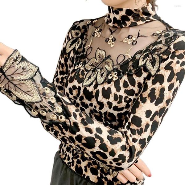 Camicette da donna primaverili sexy sexy camicie da donna camicie a maniche lunghe ricamo a foglia di leopardo a foglie di base abbigliamento da donna casual