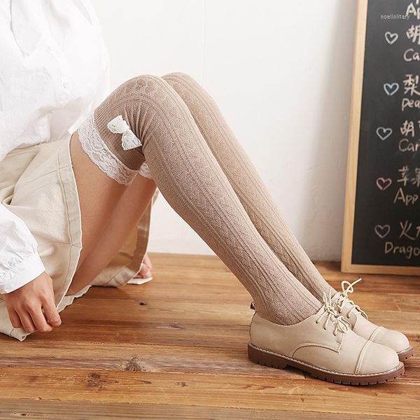 Женские носки модные чулки сексуальные белые кружевные лук лолита над коленом сапоги для девочек теплые ноги хлопок осень зимние аксессуары