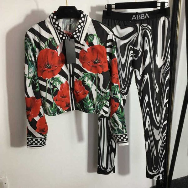 23ss Feminino designer de marca Terno esportivo com estampa de zebra lapela flor estampada camisa de manga longa esticada leggings finos conjunto moda roupas femininas a1