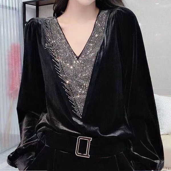 Kadınlar Blouses 2023 Altın Velvet Uzun kollular Top Sonbahar Kış Moda Batı Stil V Yağlı Kadınların İç İnce Fit Bottom Gömlek