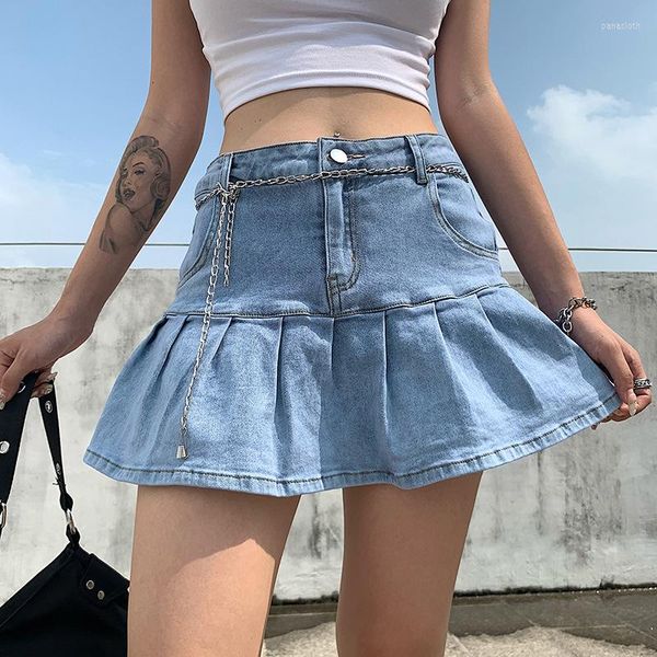 Юбки Harajuku punk y2k джинсовая мини -плиссированная юбка для летних ретро -ретро -джинсов с высокой талией Женские оборки модные корейские 2023