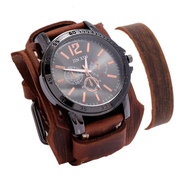 Orologi da polso Orologio da uomo di lusso Quarzo Quadrante grande Stile punk vintage Moda Sport Uomo Cinturino in pelle Bracciale Set regalo Relojes