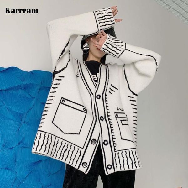 Women's Knits Tees Karrram Print Graffiti Cardigan unico Donna con scollo a V allentato Manica lunga Cardigan femminile lavorato a maglia di lusso Cappotto Y2k Inverno 230311