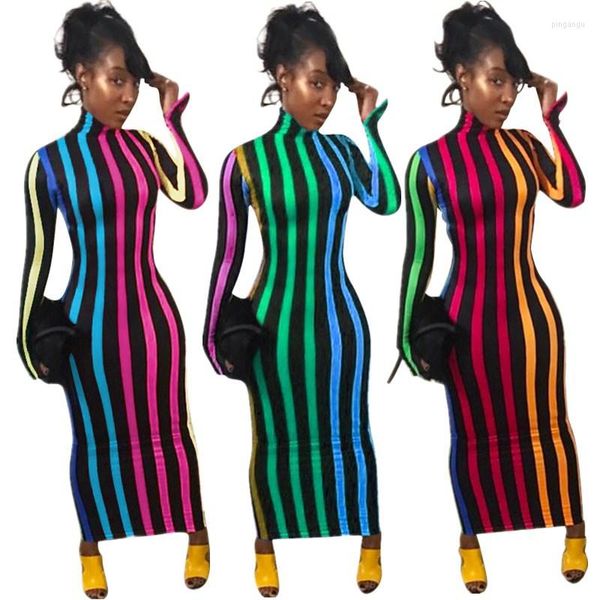 Повседневные платья 2023 Женская осенняя юбка для модной уличная тренд -стрипка цифровая печать многоцветная удобная высокая шея плотная