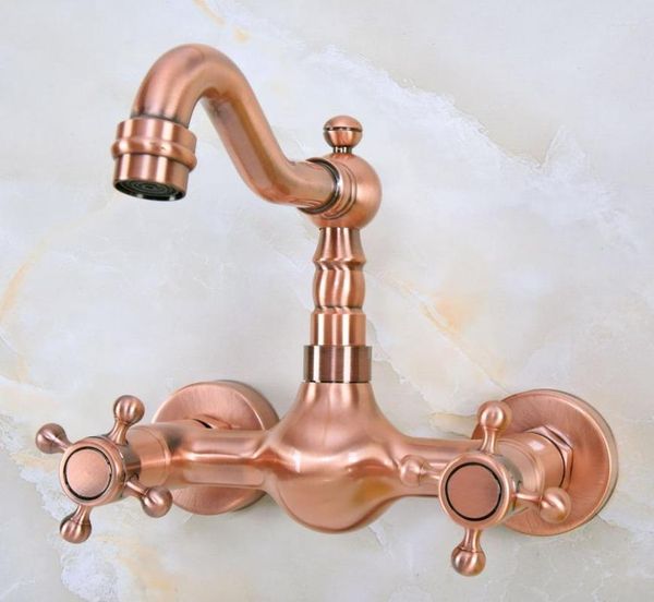 Torneiras de cozinha Antigo Red Copper Brass Moldura de parede Misturador de torneira de bico de bronze