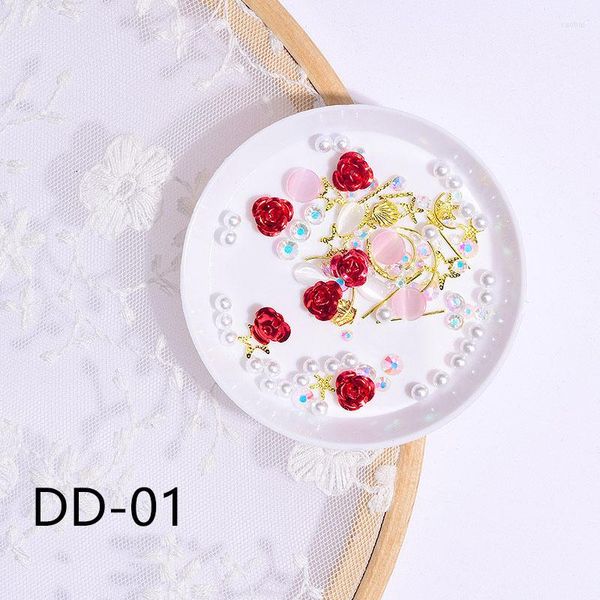 Nail Art Dekorationen 1 Box Glänzende Rose Blume Gemischte Strass Opal Metall Niet Schmuck Perle Für 3D DIY Nägel Zubehör