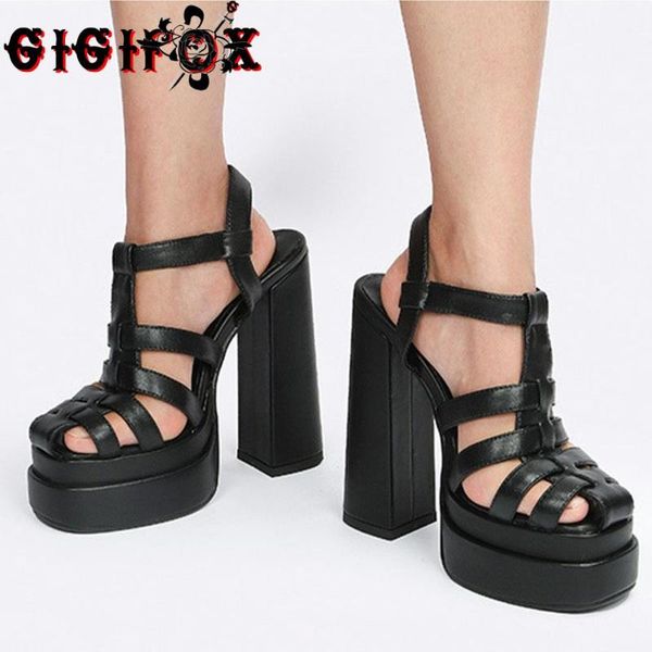 Сандалии GIGIFOX 2023 Летний дизайн крутой черный гот коренастый блок платформы высокие каблуки Сексуальные туфли на каблуках Женщины