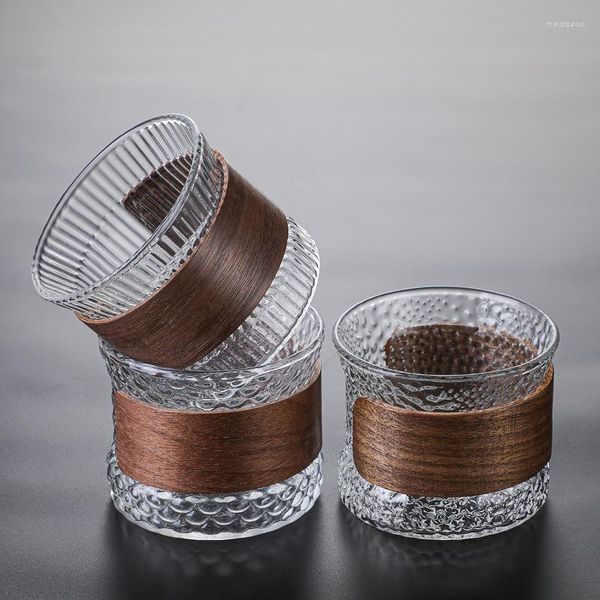 Bicchieri da vino 140ml Cilindro trasparente carino Tazze da caffè espresso in vetro martellato con supporto in legno Tazza Tazze da tè Tazze