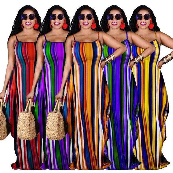 Abiti casual Donna Maxi abito senza maniche Colorfull Stripes Tasca larga stampata Beach S-2XL 8088Casual