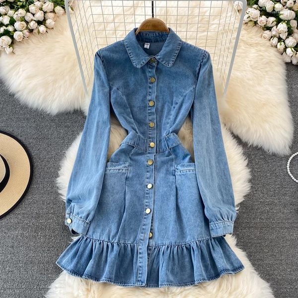 Casual Kleider 2023 Frühling Herbst Frauen Drehen Unten Kragen Langarm Nette Einreiher Denim Jeans Rüschen Boden Kleid SMXL