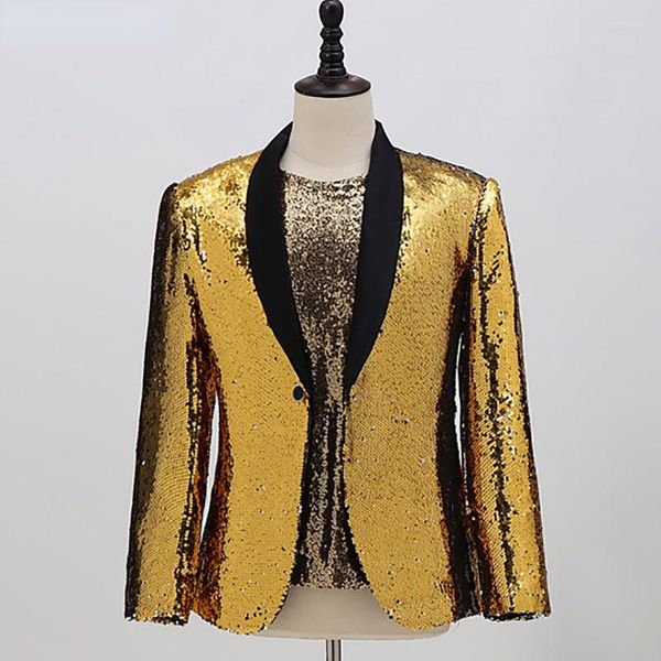 Trajes de hombre Traje de club nocturno de lentejuelas doradas de lujo Blazer de esmoquin dorado Blazer con cuello chal con un botón Blazers para hombre Fiesta de cóctel Traje de boda Homme