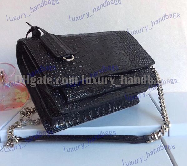 Crocodile Pattern Evening Bags Handbag Genuine Leather luxury Handbags Metal Silver chain Crossbody bag Fashion women Shoulder Bags 1712