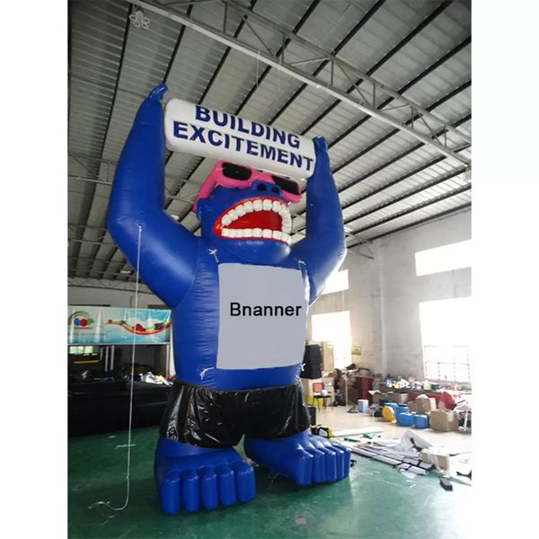 4,8 m Vendita in fabbrica Scimmia gonfiabile gigante blu alta 4,8 m con palloncino gorilla faccia felice Linguaggio promozionale personalizzato