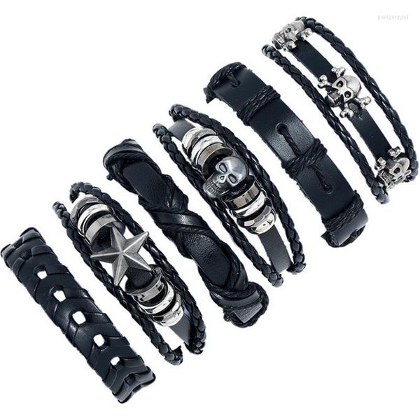 Strand 6pcs/se eu vintage folhas folhas multicamadas pulseira de couro Men moda moda stard star corda embrulhada pulseiras banges masculino masculino