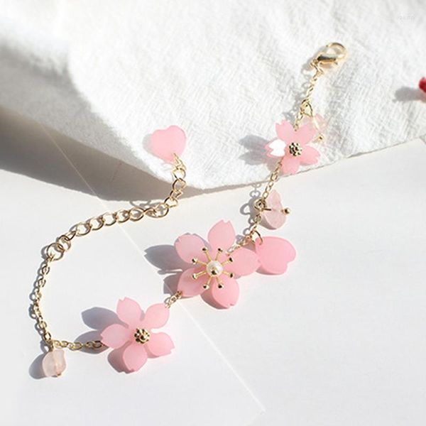 Braccialetti con ciondoli Fiore di ciliegio rosa Piccolo braccialetto dolce e puro, puro e fresco, in cristallo cubico regolabile con il fiore