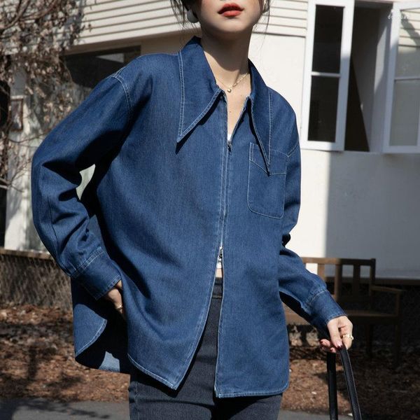 Frauen Blusen Elegante Frauen Zipper Denim Shirts Weibliche Volle Hülse Tops Lose Beiläufige OL Hemd Blusas 2023 Frühling Sommer t803