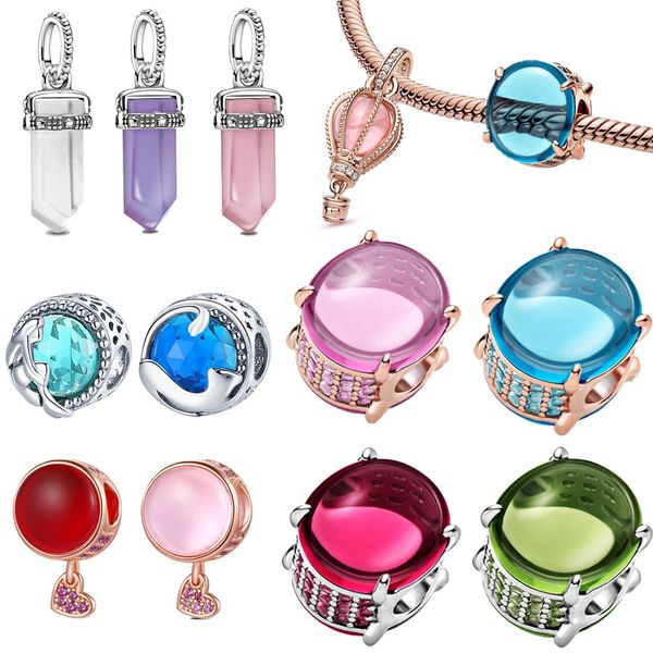 925 Silber für Pandora Original Charms DIY Anhänger Damen Armbänder Perlen Funkelnder rosa Heißluftballon baumelnder Kristall