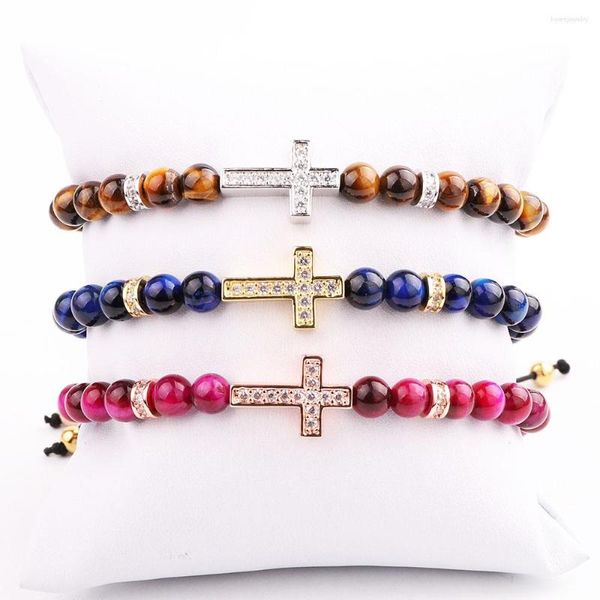 Strand Design Natural Stone Tiger Eye CZ Micro Pave Cross Amicizia Macrame Perline regolabili Bracciale Uomo Donna