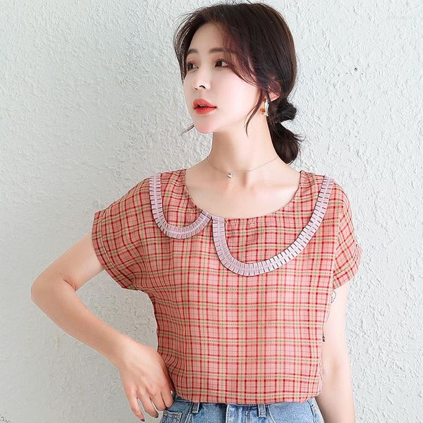 Frauen Blusen Plaid Koreanische Mode Sommer Frauen Kleidung Kurzarm Vintage Shirts Top Vetement Femme 2023 Weibliche Elegante