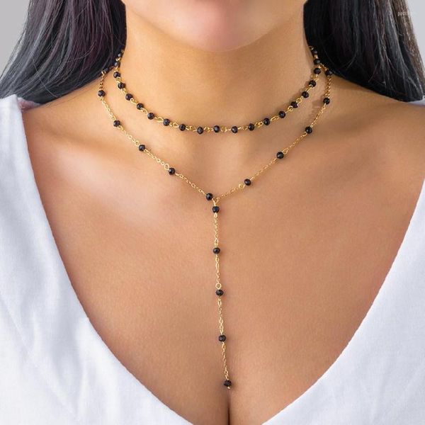 Catene 2 Pz/set Nero di Cristallo Collane Del Choker Set Per Le Donne Ragazza Semplice Lunga Nappa Collana Minimalista Y2K Regalo Dei Monili 2023