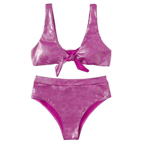 Moda de banho feminina rosa nó metálico Front Bikini Sets Women Push Up Swimsuit High Slaist Bathing Men