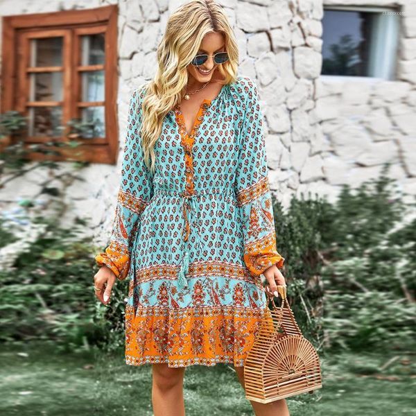 Vestidos casuais Slim Fit Slimming Bohemian Holiday Dress 2023 Spring e Autumn Four Seasons Floral Loose A-Line